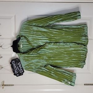 Agora Large Green Blouse Pleated Ruffle Silver Crystal Buttons